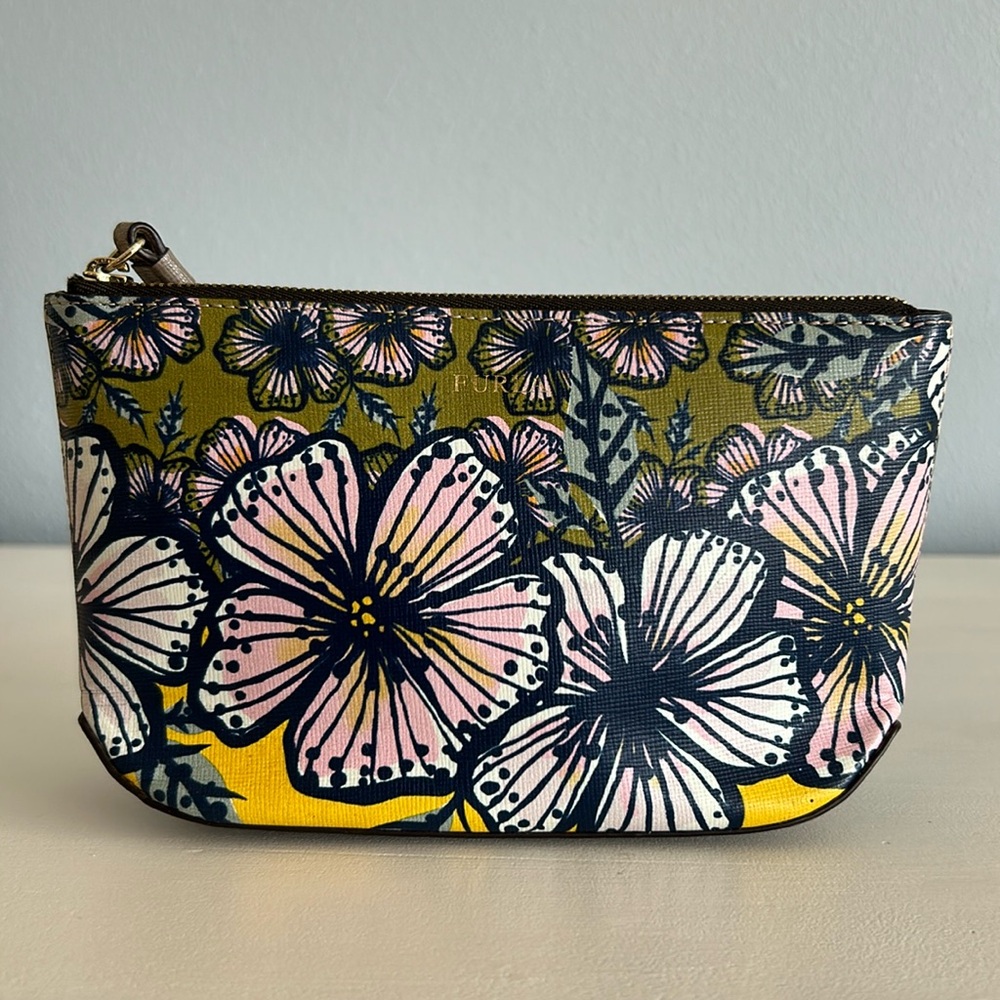 Furla • NWOT 2 Sided Colorful Tropical Flowers & Birds Leather Wristlet Bag